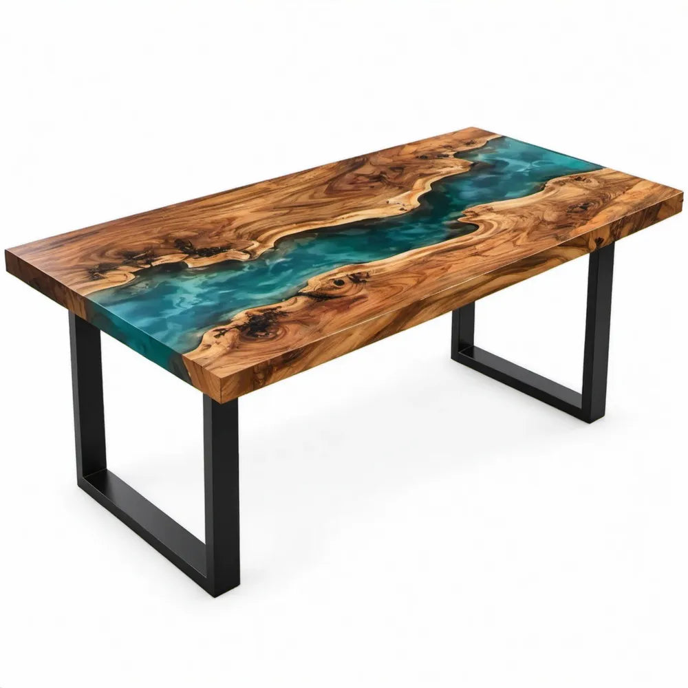 Rechthoekige eettafel 180 x 90 x 75 cm van massief acaciahout met blauwgroene epoxyhars en zwarte stalen poten
