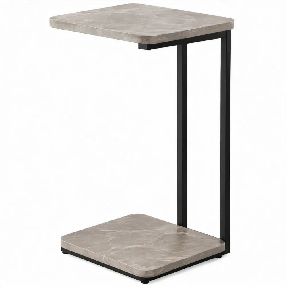 C-vormige bijzettafel 40 x 30 x 60 cm met grijs marmerlook MDF en zwart stalen frame