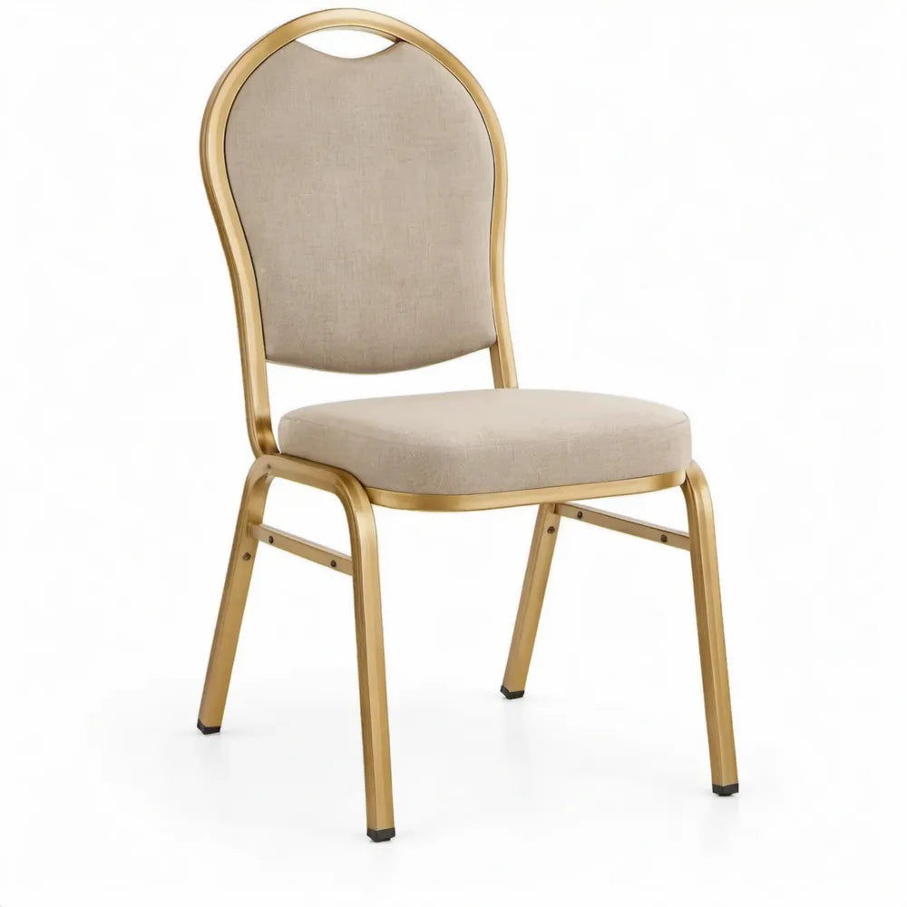 Beige gestoffeerde stoel met goudkleurig stalen frame, 92 x 44 x 54 cm