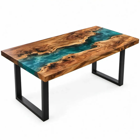 Rechthoekige eettafel 180 x 90 x 75 cm van massief acaciahout met blauwgroene epoxyhars en zwarte stalen poten