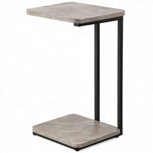 C-vormige bijzettafel 40 x 30 x 60 cm met grijs marmerlook MDF en zwart stalen frame