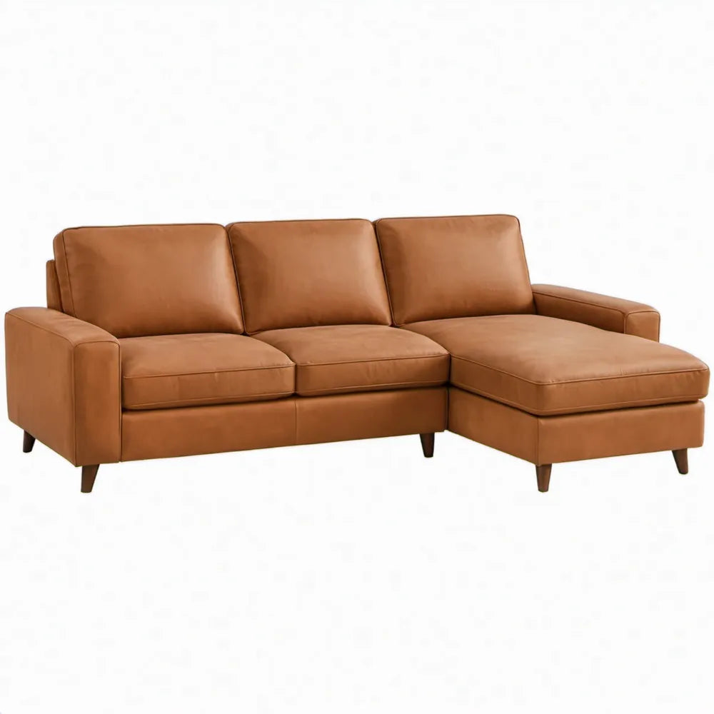 Moderne hoekbank met chaise longue van cognackleurig kunstleer, 240 x 150 x 85 cm