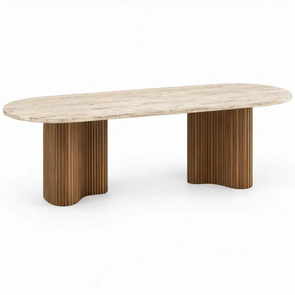 Ovale tafel 200 x 100 x 75 cm in beige travertijn met walnootbruine geribbelde MDF-poten