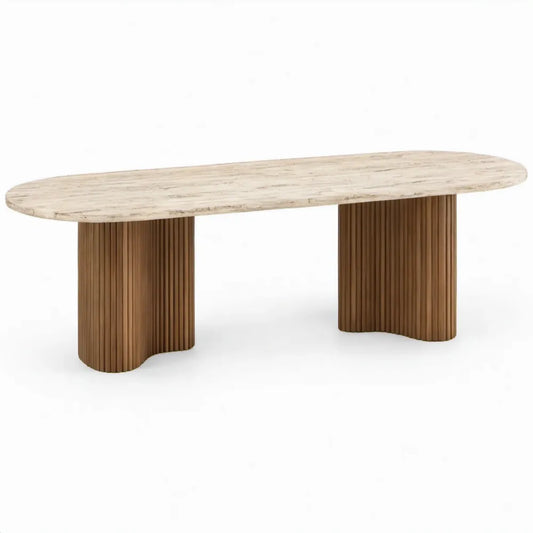 Ovale tafel 200 x 100 x 75 cm in beige travertijn met walnootbruine geribbelde MDF-poten