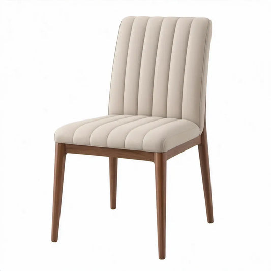 Eetkamerstoel met hoge rugleuning, crèmekleurige polyester bekleding en walnootbruin rubberhout, 47 x 59 x 88 cm