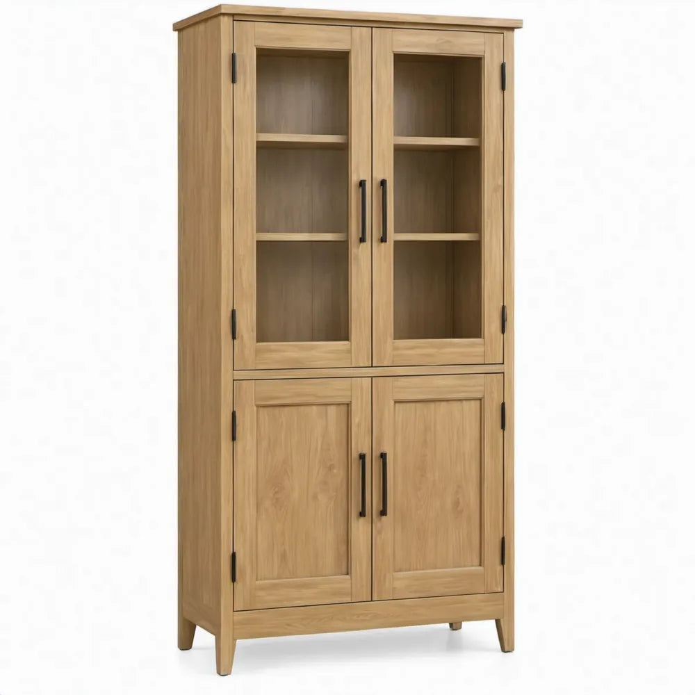 Vitrinekast van massief eikenhout met 4 deuren en glazen deuren, naturel eiken/zwart, 80 x 40 x 180 cm