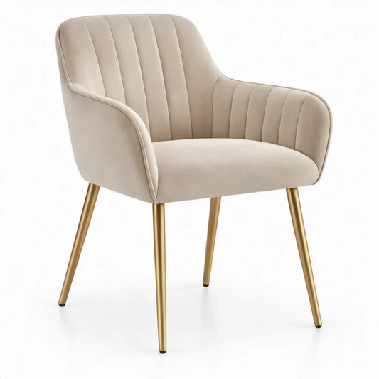 Beige fluwelen eetkamerstoel met armleuningen en goudkleurige stalen poten, 58 x 61 x 84 cm