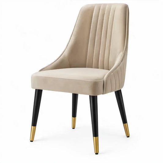 Gestoffeerde eetkamerstoel met armleuningen, beige fluweel, zwarte en goudkleurige stalen poten, 55 x 62 x 87 cm