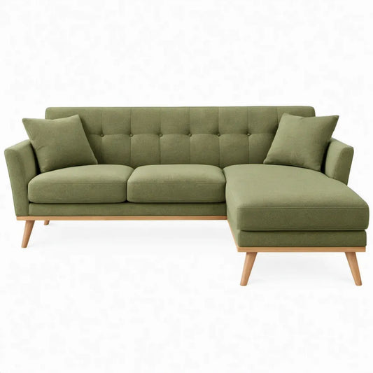 Olijfgroene hoekbank met chaise longue rechts, houten poten, 220 x 145 x 85 cm