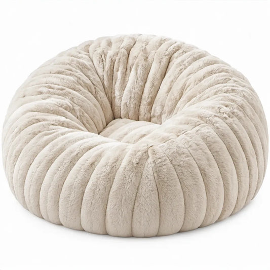 Ronde zitzakfauteuil 90 x 90 x 70 cm van geribd imitatiebont in crème