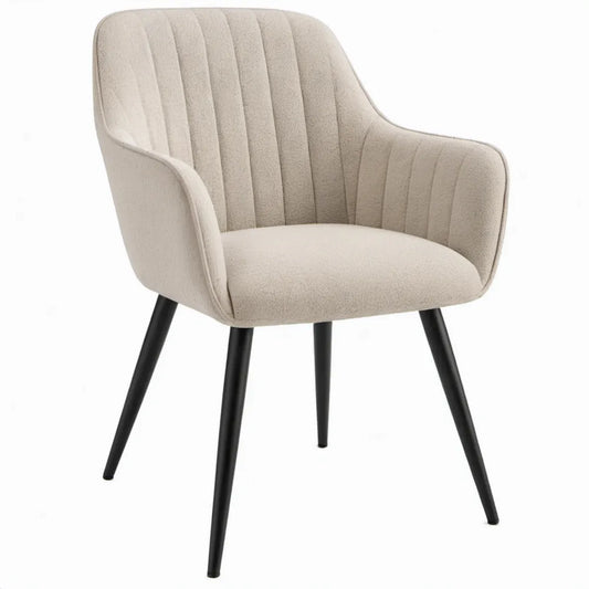 Beige bouclé fauteuil met armleuningen en zwarte stalen poten, 60 x 62 x 82 cm