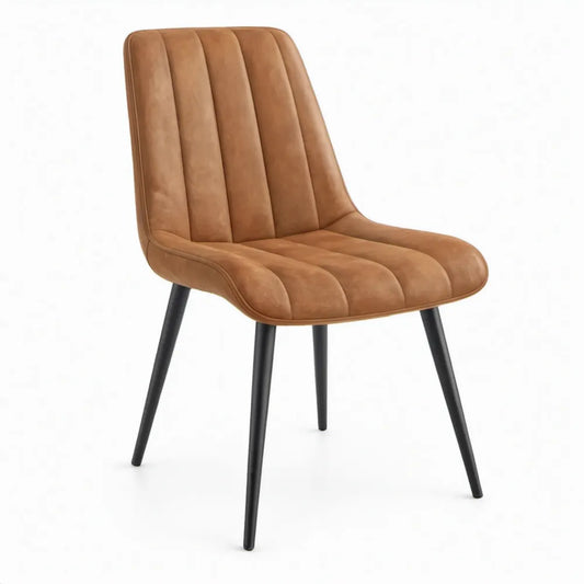 Gestoffeerde eetkamerstoel in cognac microvezel met zwarte stalen poten, 48 x 60 x 84 cm