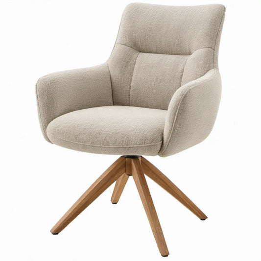 Draaibare eetkamerstoel met armleuningen, beige polyester en massief rubberhout, 61 x 63 x 88 cm
